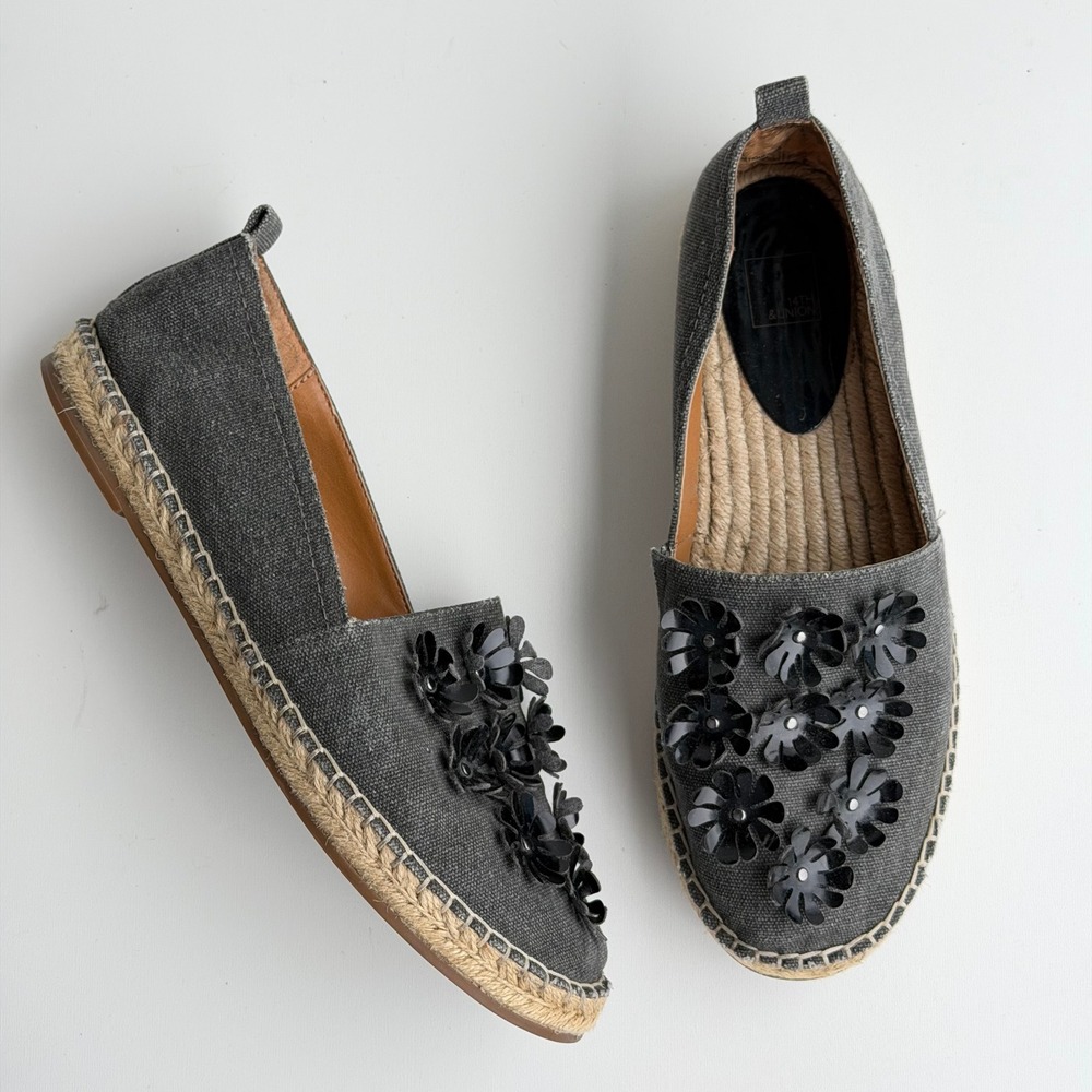 14th & Union Floral Espadrille Flats Women 8.5M Gray Canvas Slip On Casual Shoes